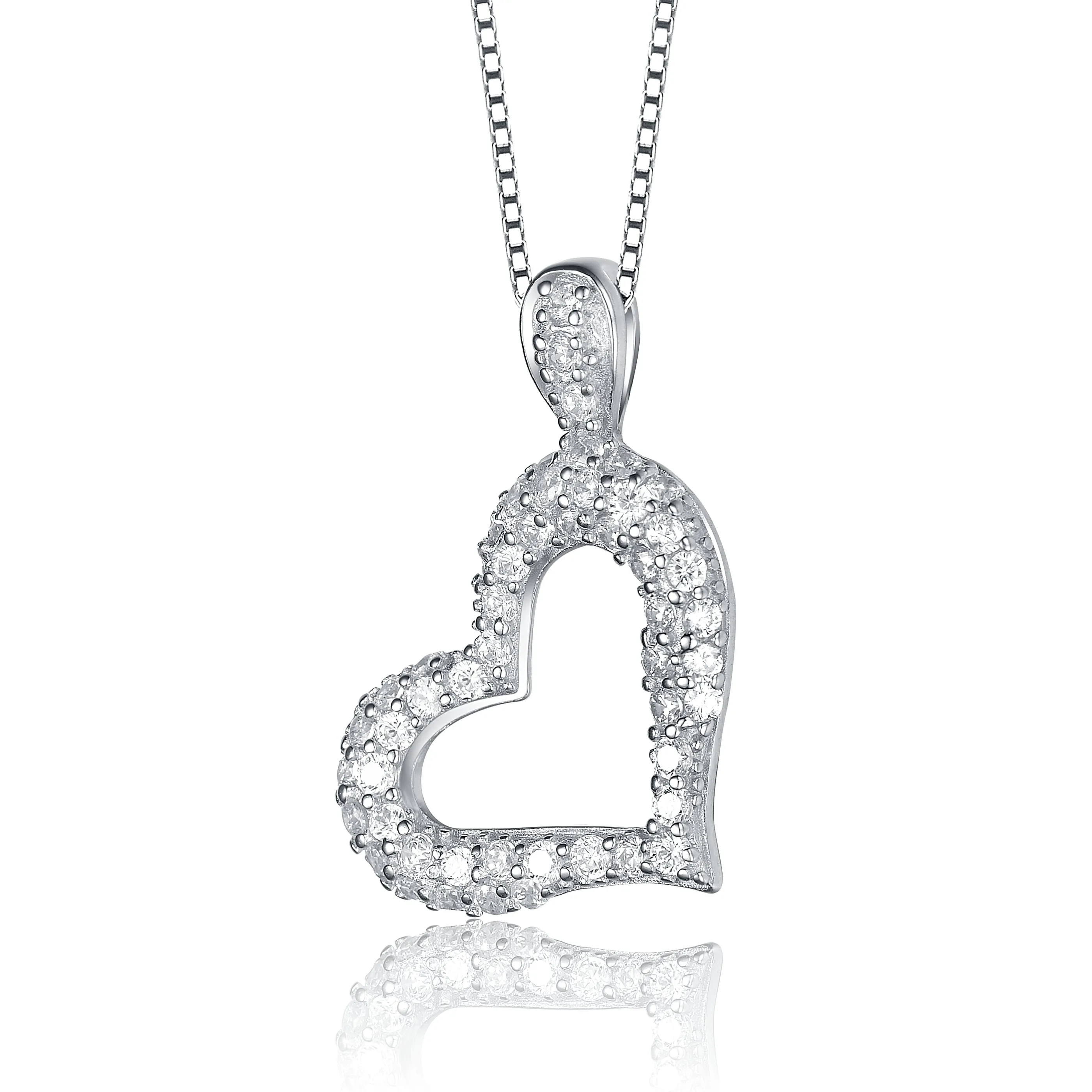 Sterling Silver White Gold Plating with Clear Cubic Zirconia Paved on Heart Framed Pendant Necklace