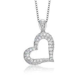 Sterling Silver White Gold Plating with Clear Cubic Zirconia Paved on Heart Framed Pendant Necklace