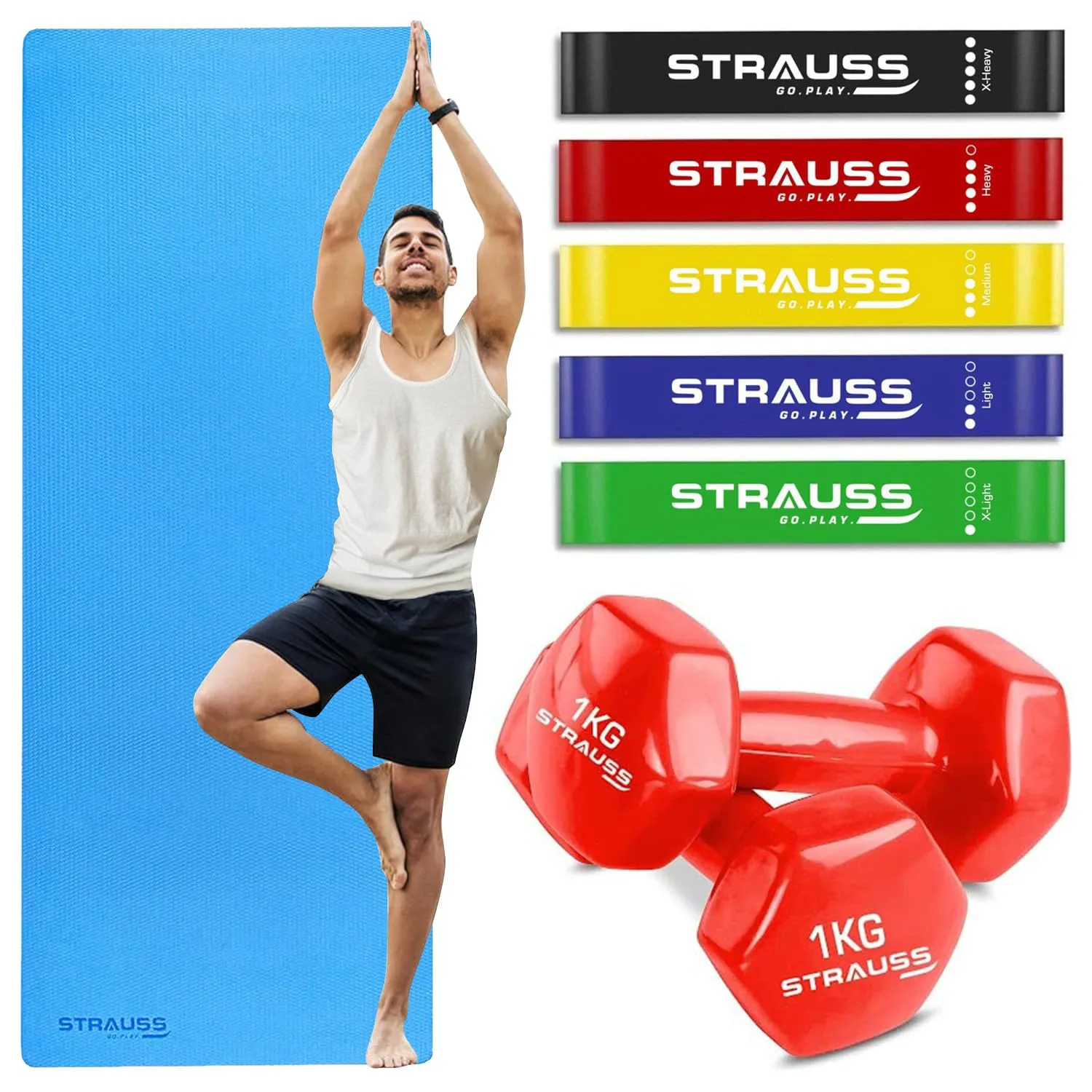 STRAUSS Yoga Combo Kit| 6mm Sky Blue EVA Yoga Mat| 5 Pack Multicolor Latex Resistance bands| 2 Red Dumbbells(1kg each), Ideal for Yoga & Training