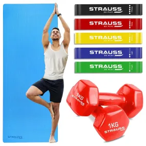 STRAUSS Yoga Combo Kit| 6mm Sky Blue EVA Yoga Mat| 5 Pack Multicolor Latex Resistance bands| 2 Red Dumbbells(1kg each), Ideal for Yoga & Training