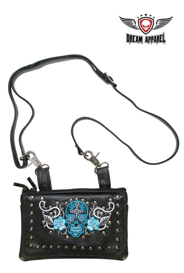 Studded Turquoise & White Sugar Skull Naked Cowhide Leather Belt Bag