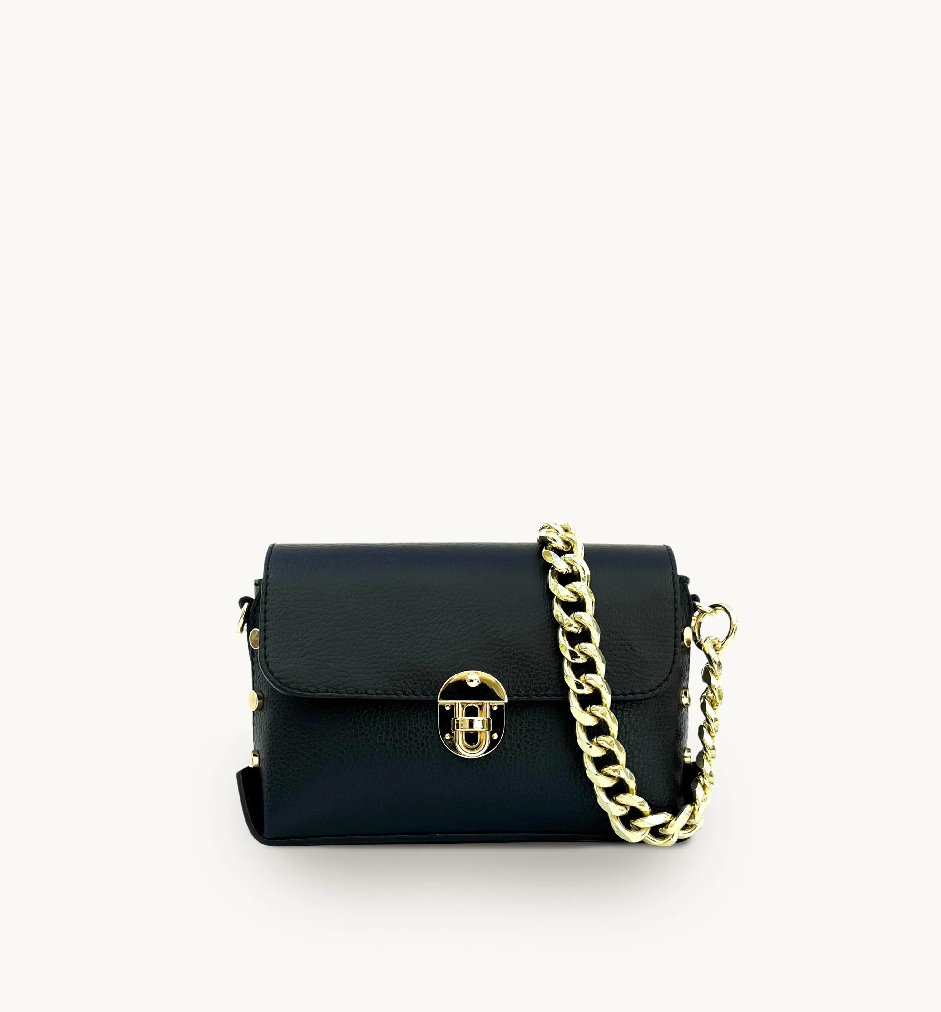 The Bloxsome Black Leather Crossbody Bag With Gold Chain Strap