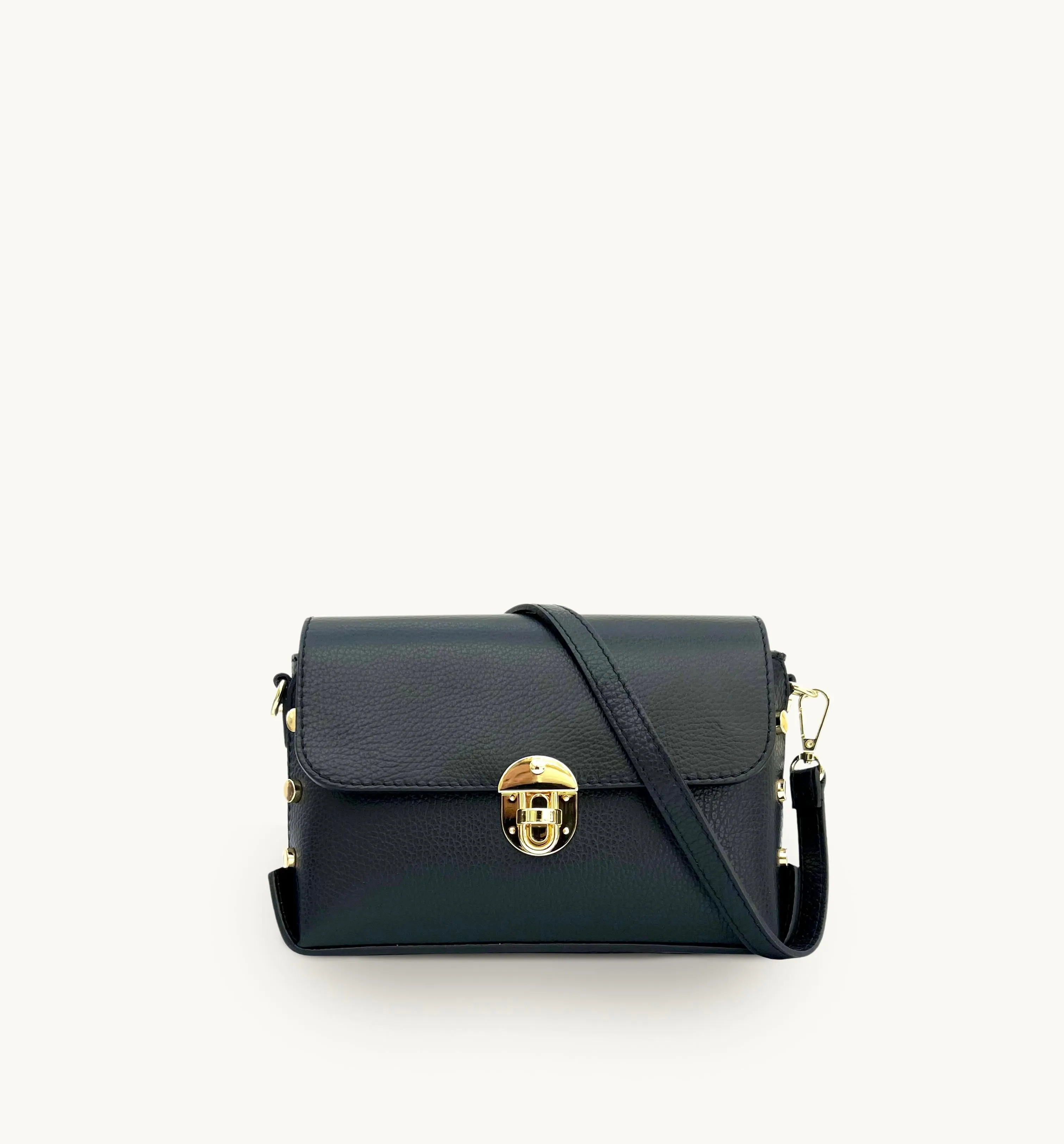 The Bloxsome Black Leather Crossbody Bag With Gold Chain Strap