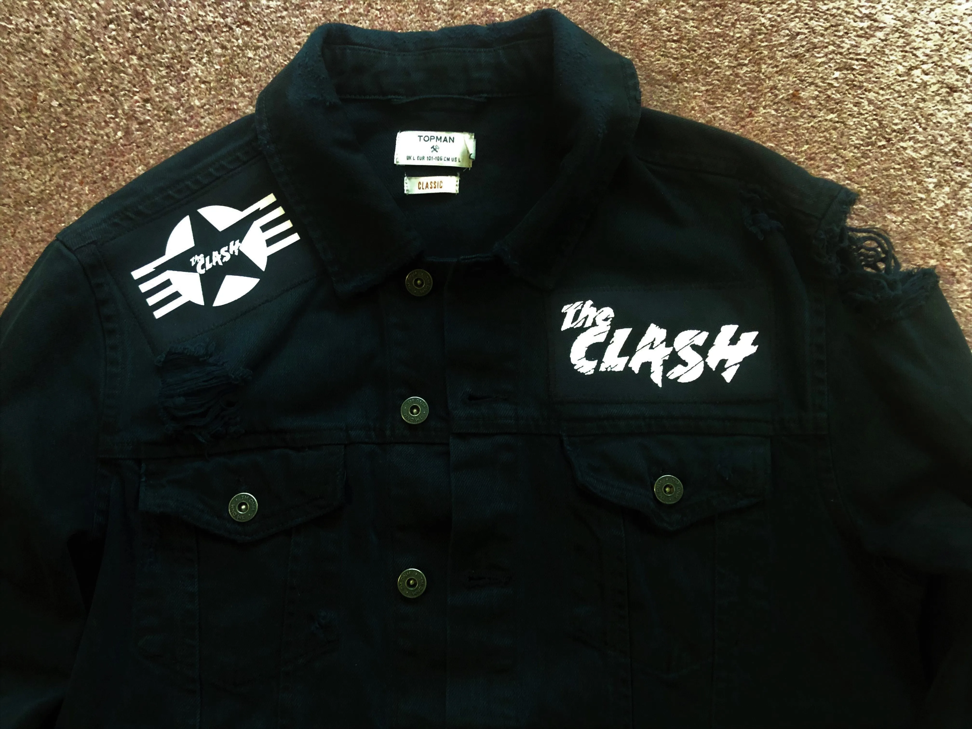 The Clash Lightning Bolt Skull Black Distressed Denim Punk Jacket