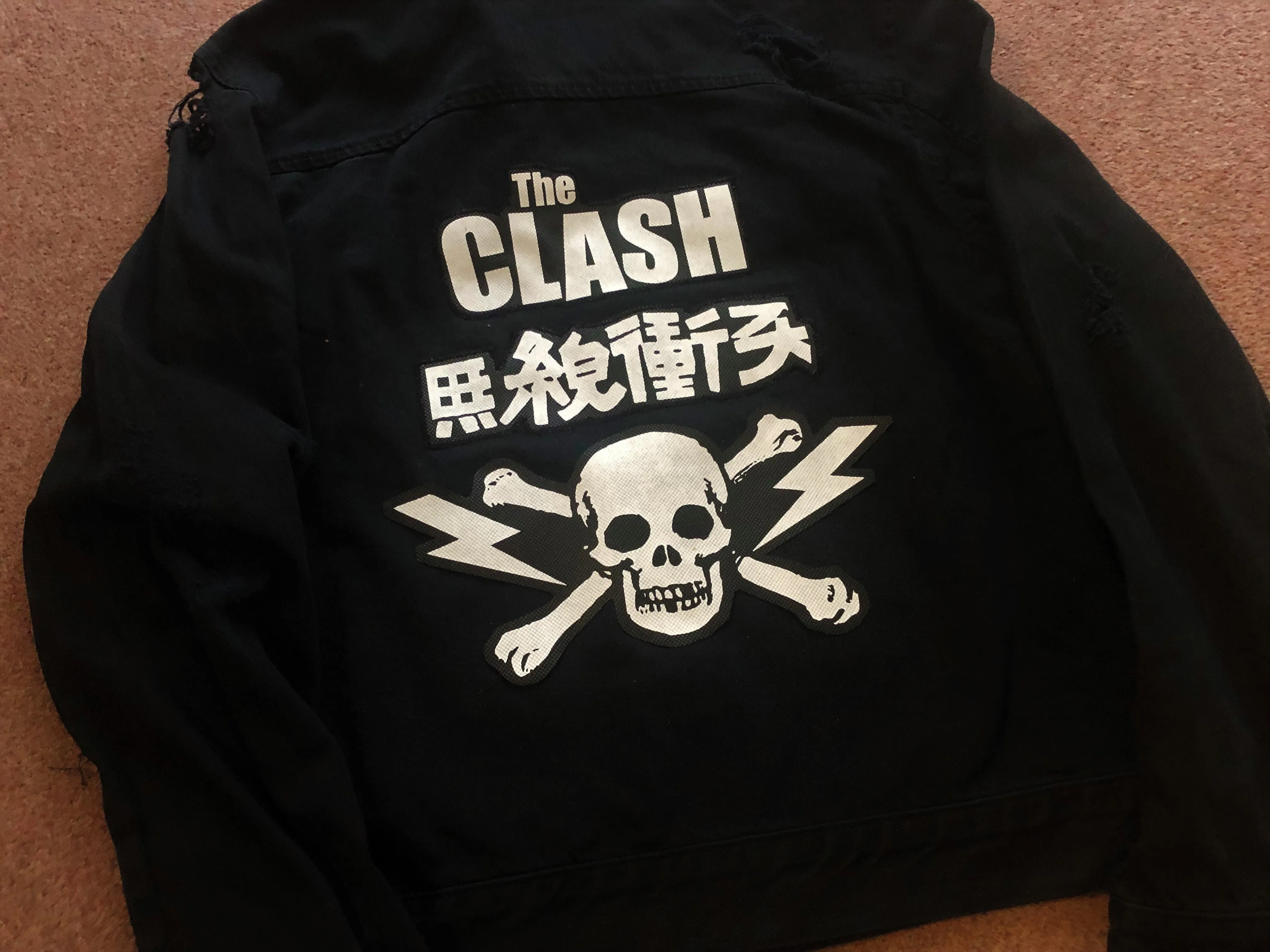 The Clash Lightning Bolt Skull Black Distressed Denim Punk Jacket