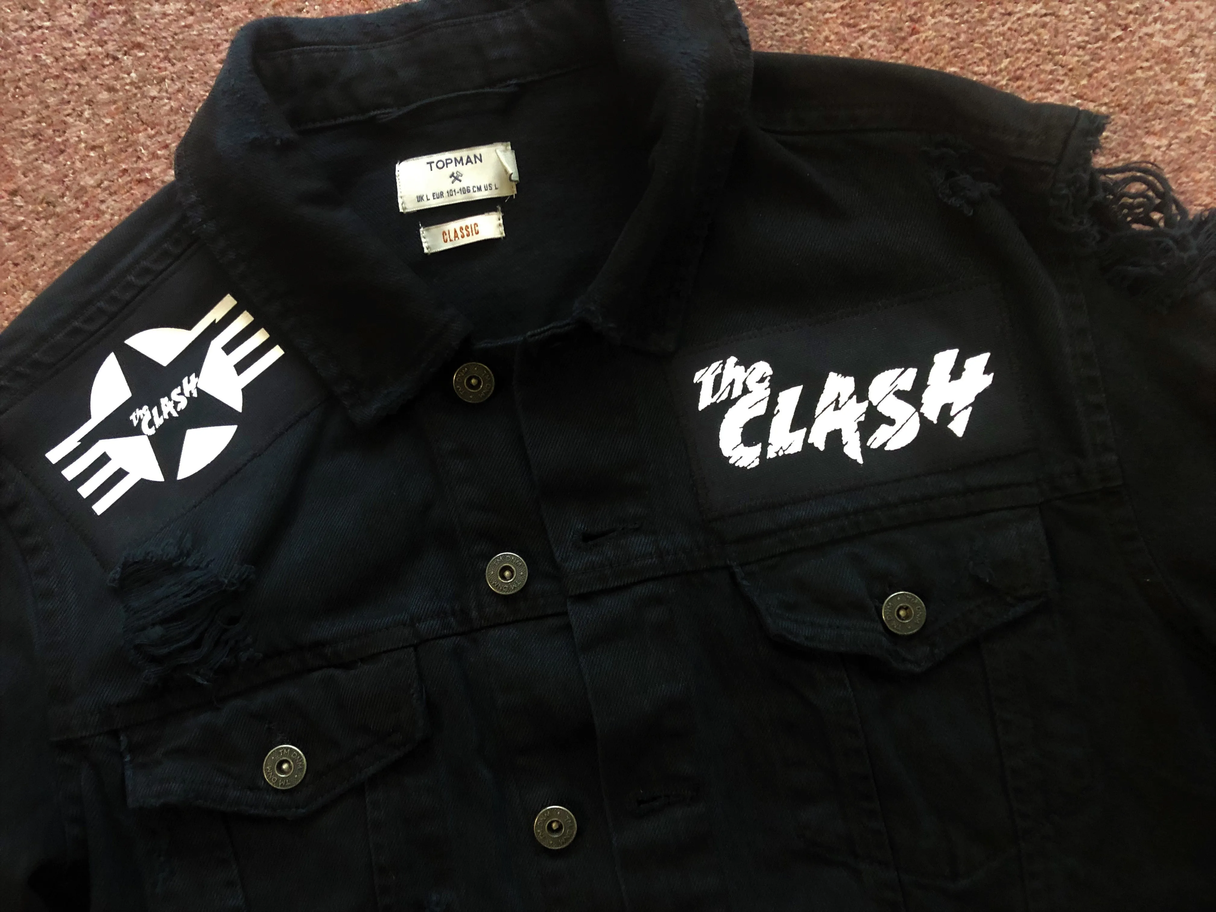 The Clash Lightning Bolt Skull Black Distressed Denim Punk Jacket