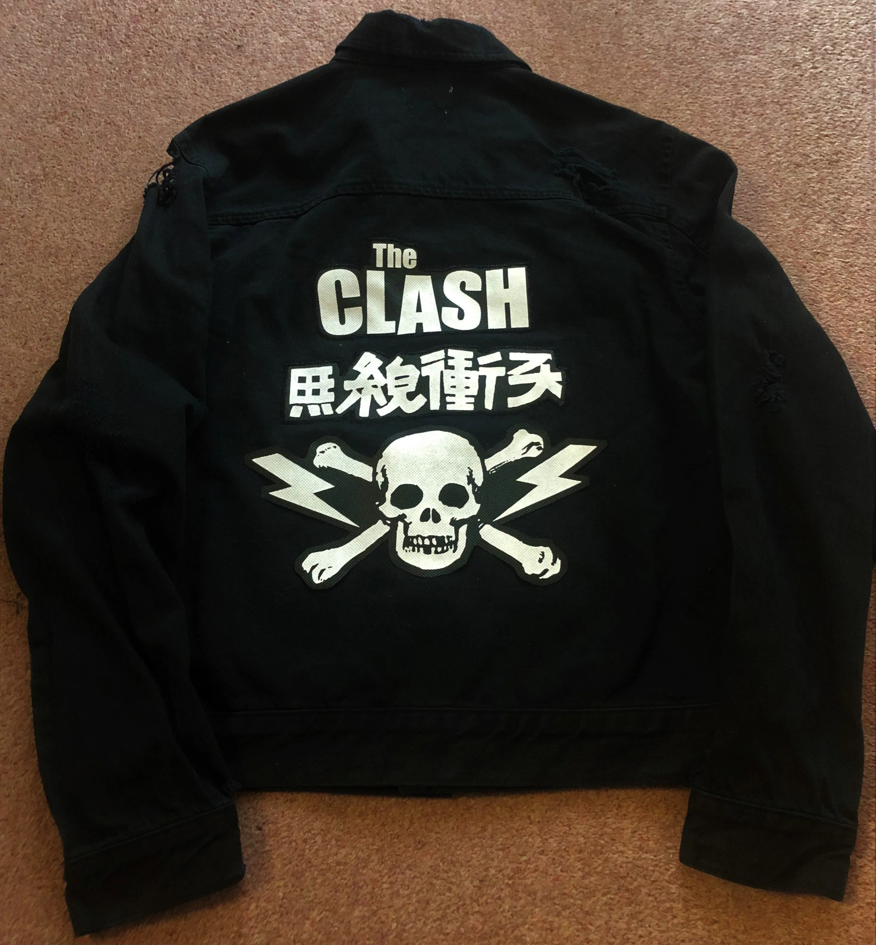 The Clash Lightning Bolt Skull Black Distressed Denim Punk Jacket