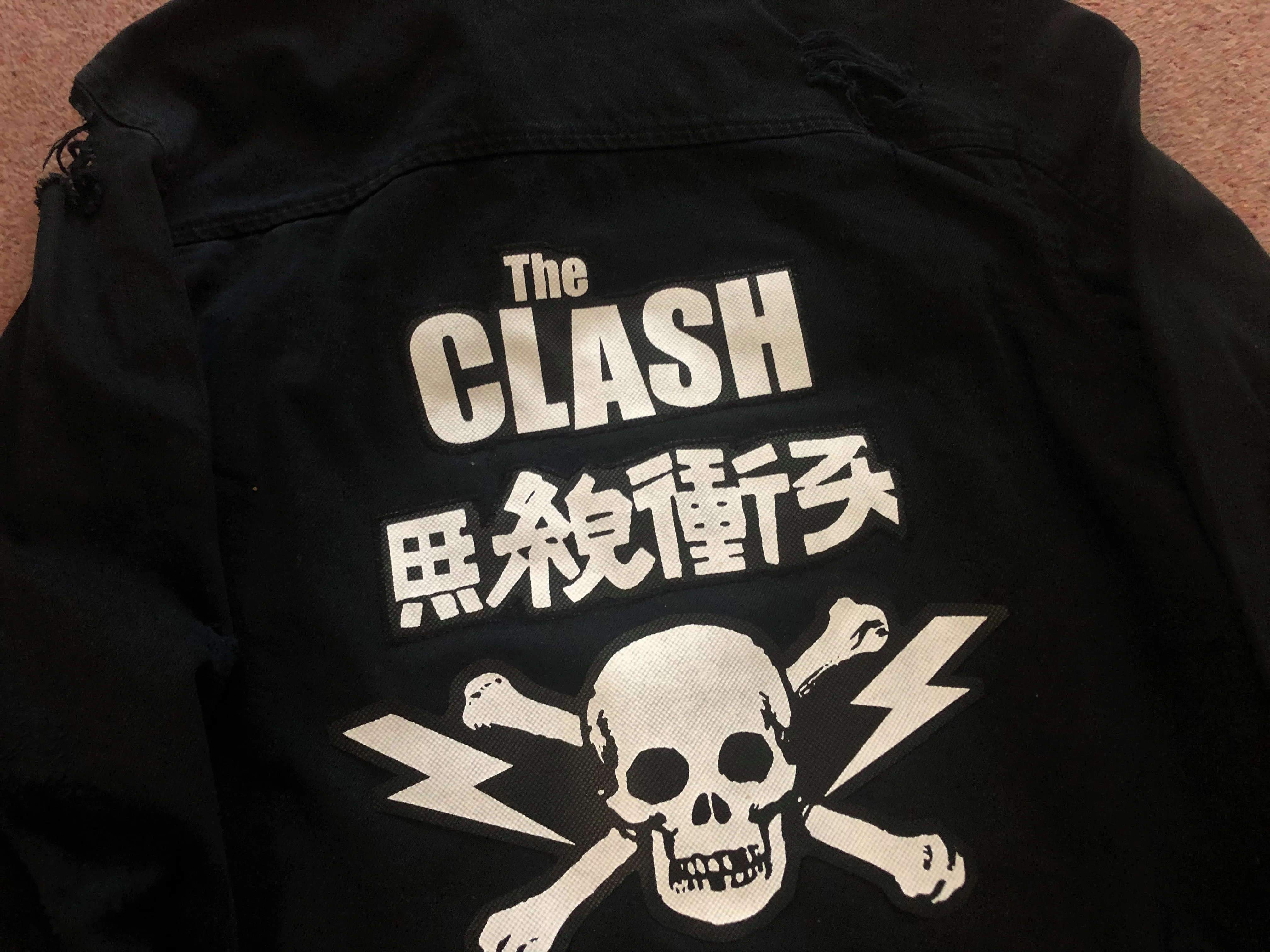 The Clash Lightning Bolt Skull Black Distressed Denim Punk Jacket