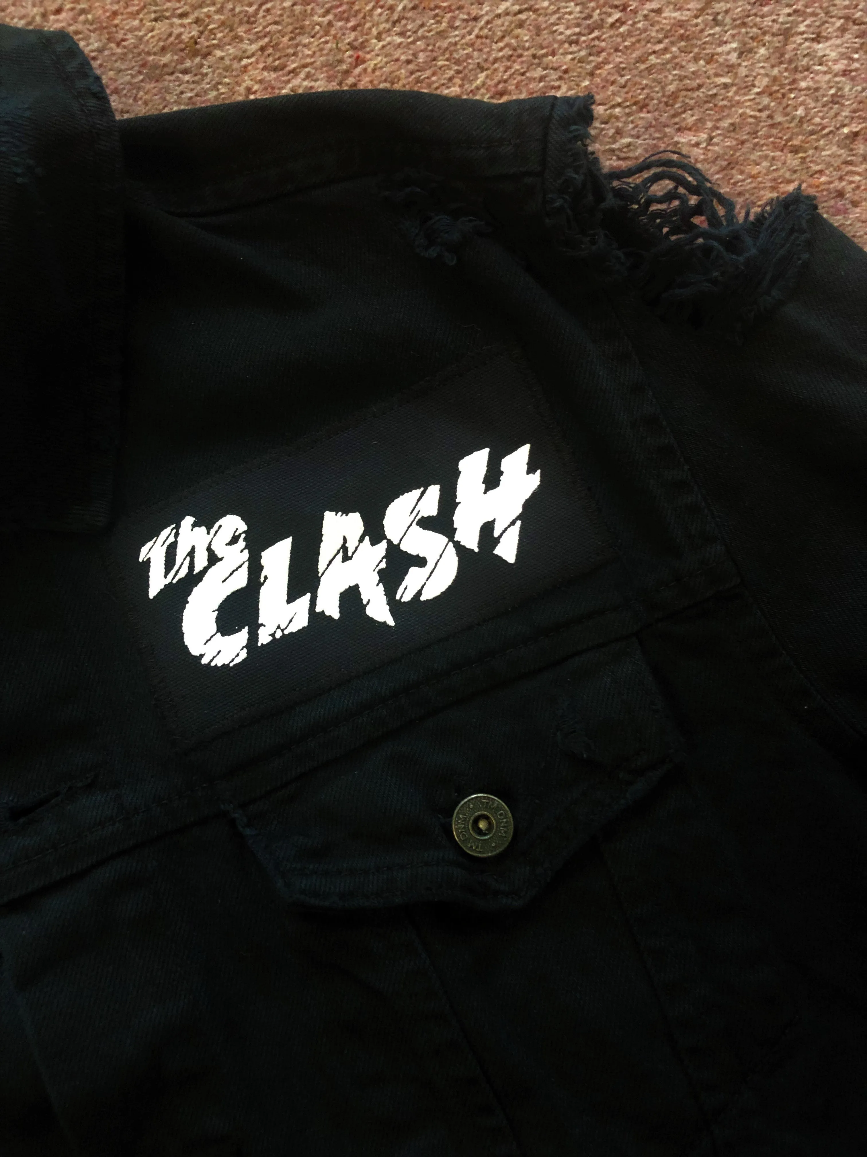 The Clash Lightning Bolt Skull Black Distressed Denim Punk Jacket