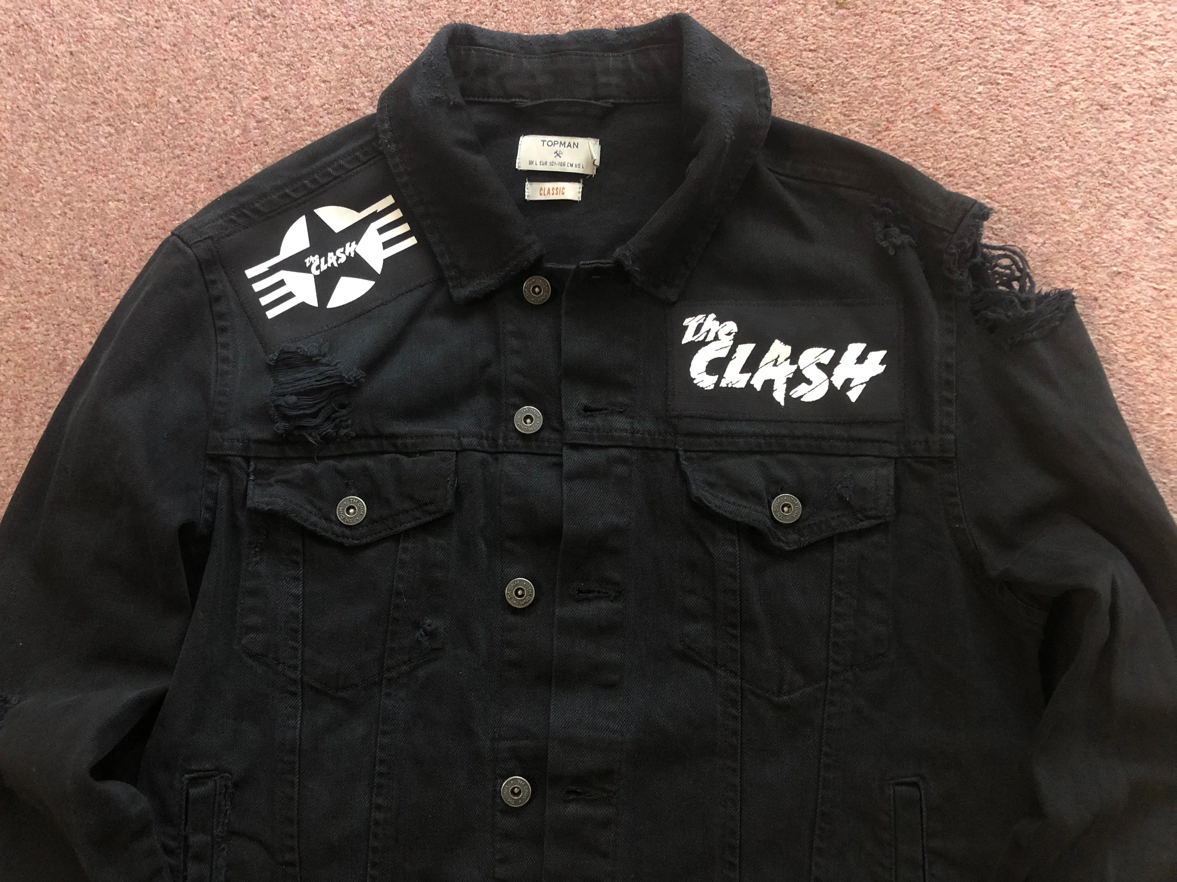 The Clash Lightning Bolt Skull Black Distressed Denim Punk Jacket