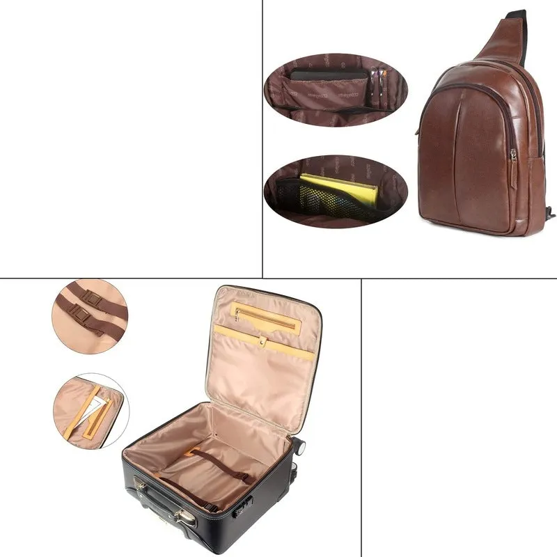 THE CLOWNFISH Combo of Minlu Baoluo Faux Leather 8 Wheel Travel Suitcase (Black) Delight Sling Bag (Caramel Brown)