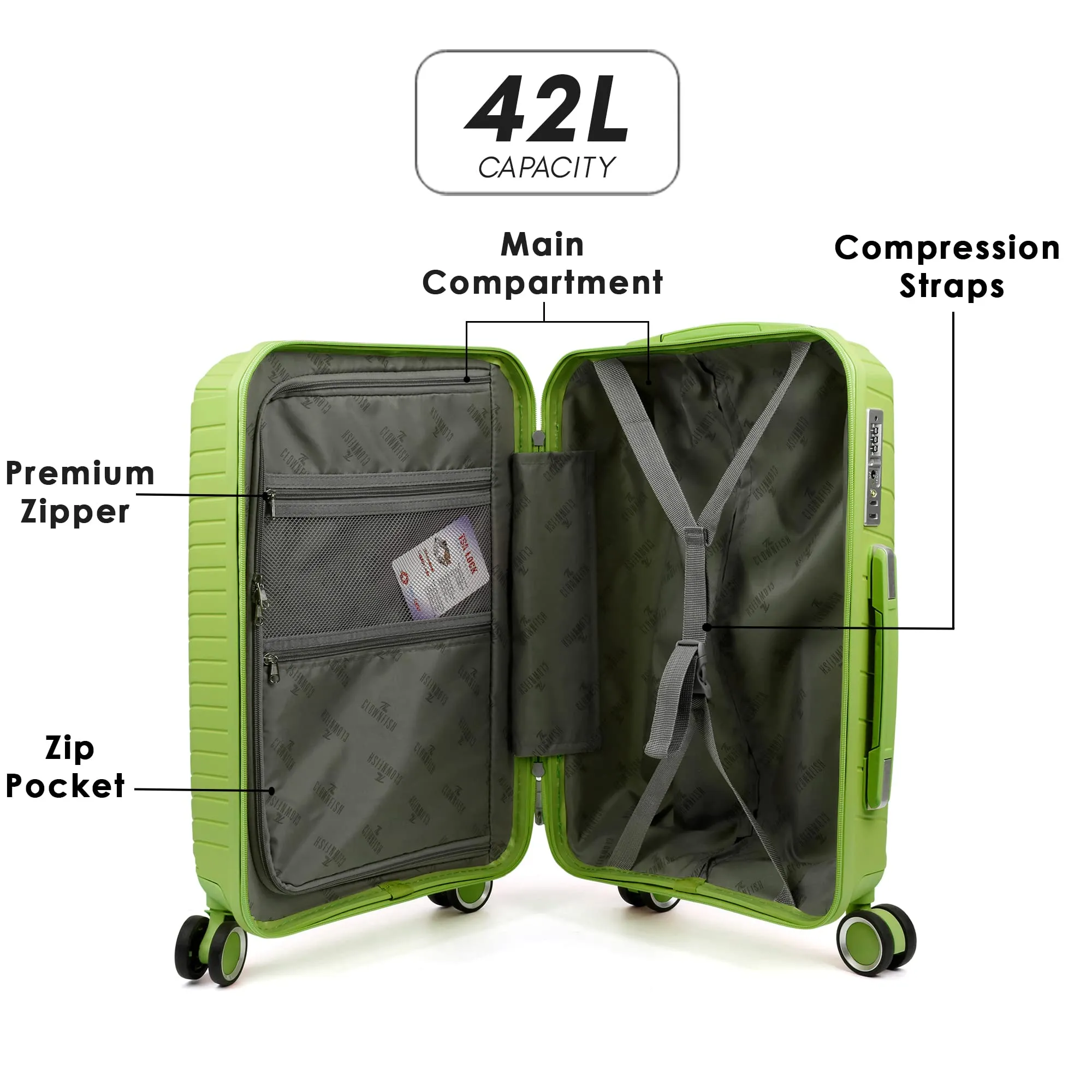 THE CLOWNFISH Denzel Series 56 Cm Polypropylene Hard Case Suitcase Eight Wheels Spinner Trolley Bag With Tsa Lock (Green Small Size 22 Inch)