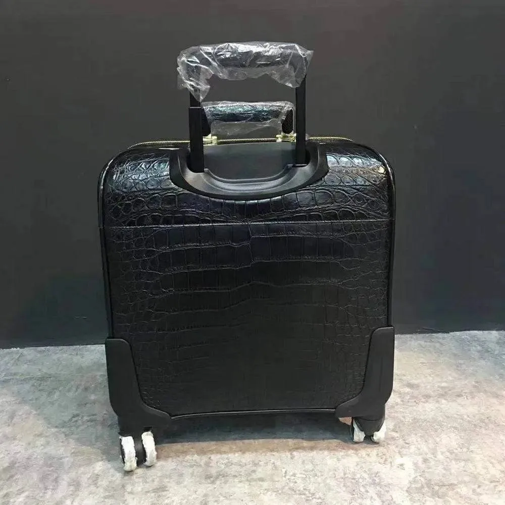 Trolley/Roll Aboard Suitcase Black Crocodile Belly Skin Leather Weekend/Travel Bag Trolley Case Universal Wheels Box Suitcase Pull Case