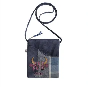 Tweed Applique Sling Bag - Blue Highland Cow 14338