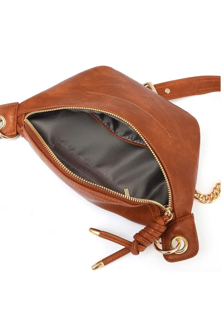 Twist Tassel Zipper Sling Fanny Bag with Metal Chain Strap- Camel