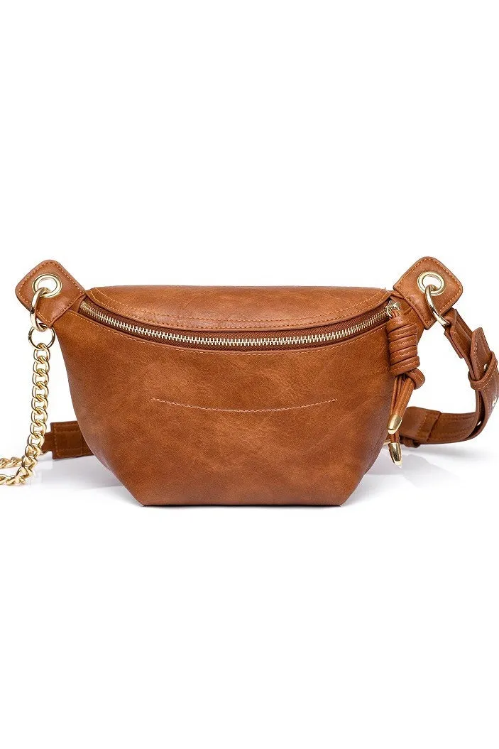 Twist Tassel Zipper Sling Fanny Bag with Metal Chain Strap- Camel