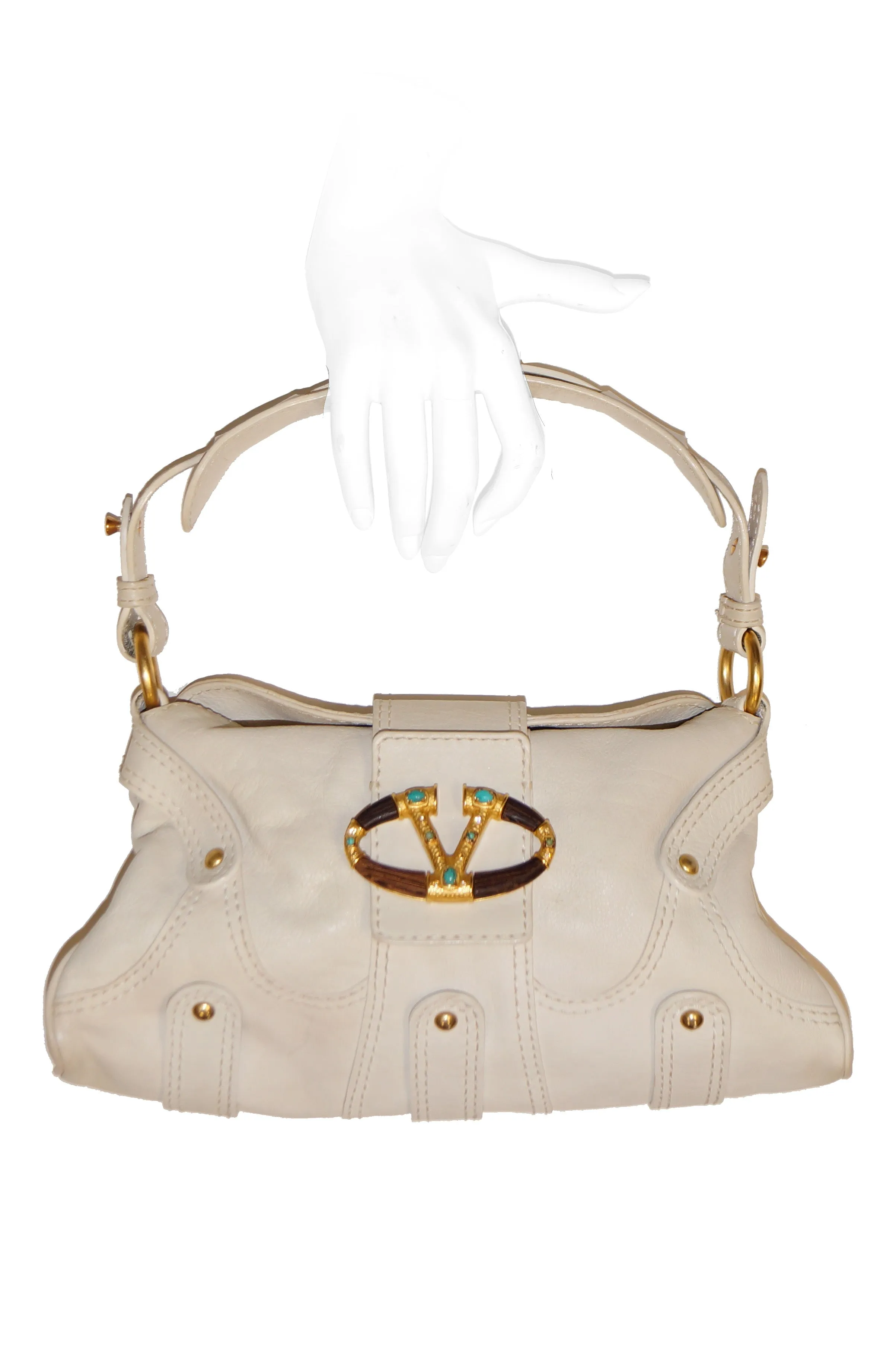 Valentino Leather Off White Rock Studded Shoulder Bag