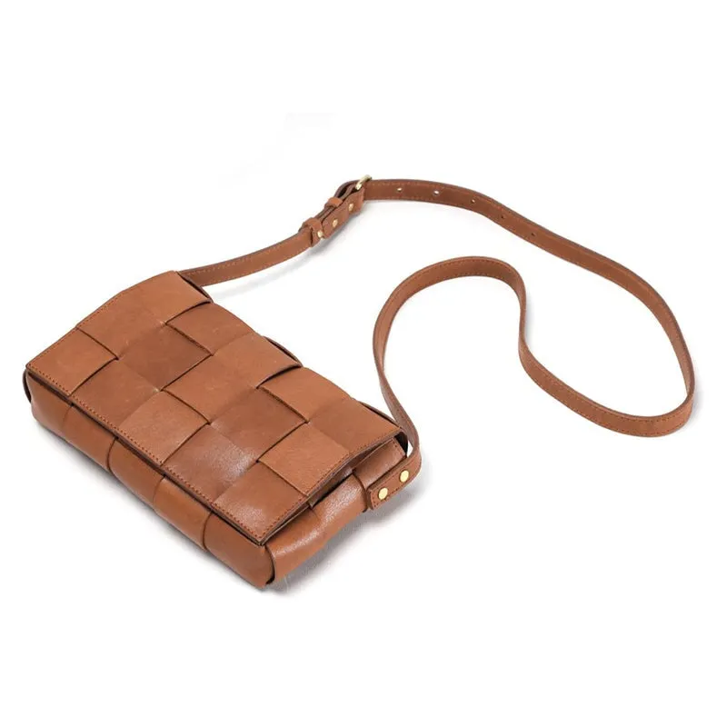 Vegetable Tanned Leather Lattice Compilation Small Square Bag Women's Crossbody Bag