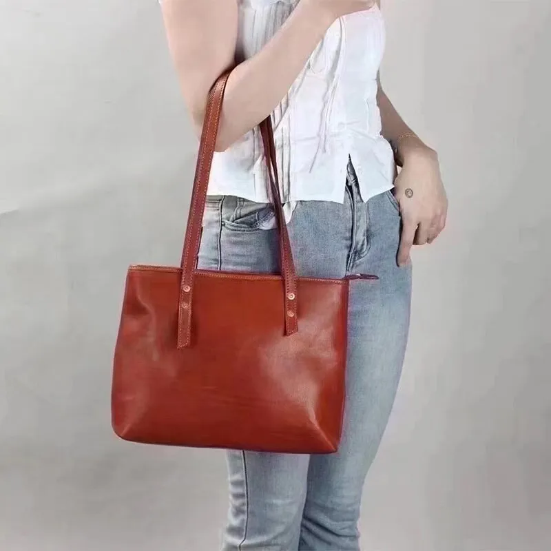 Vintage Vegetable Tanned Leather Shoulder Bag Women's Tote Bag