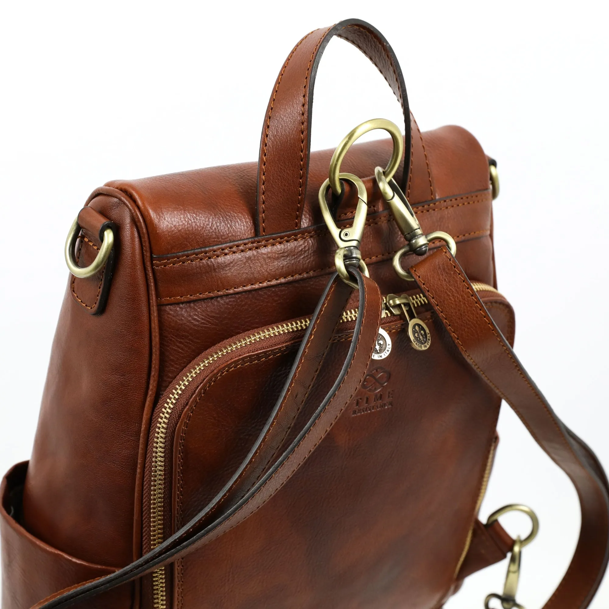 Womens Cognac Brown Leather Convertible Backpack Shoulder Bag - The Waves