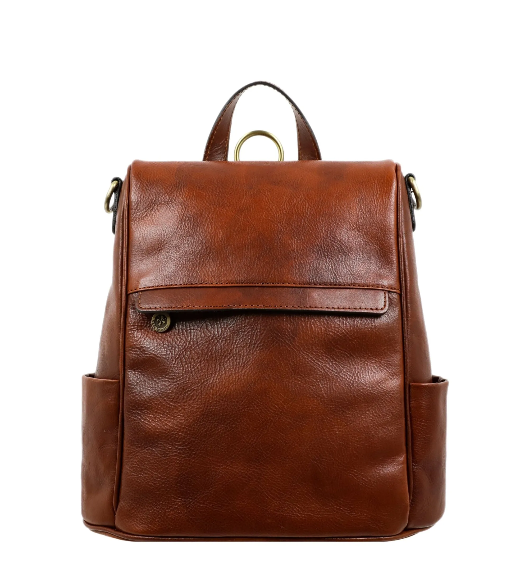 Womens Cognac Brown Leather Convertible Backpack Shoulder Bag - The Waves